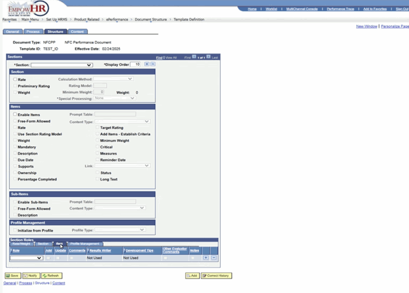 Template Definition Page - Structure Tab - Section Roles Region - Item Tab
